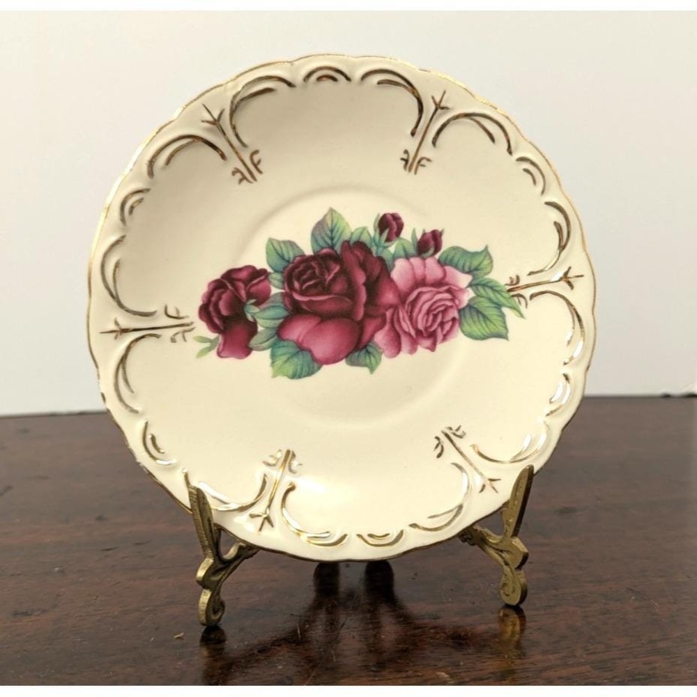 Vintage Unmarked Porcelain Rose Butter Plate Scalloped Gold Trim 5 Inch Floral